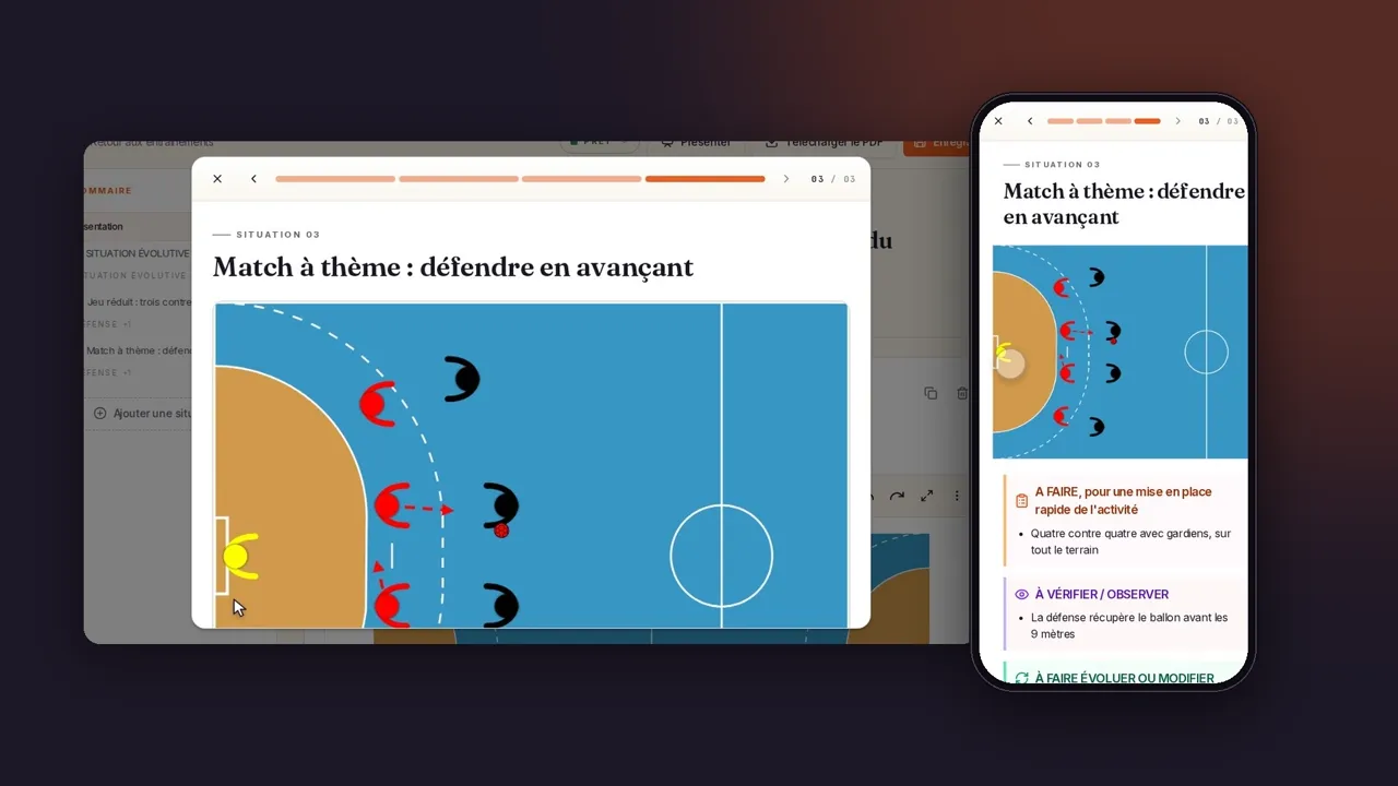 Le mode Présenter sur ordinateur et au téléphone : une situation dont le schéma montre, vu de dessus, des attaquants rouges et des défenseurs noirs devant le but.